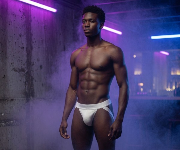 Man in a white jockstrap and white sneakers