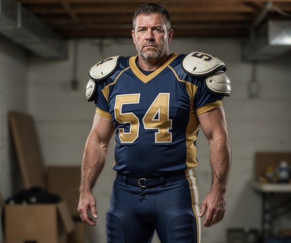 Man in a football jersey and shoulder pads