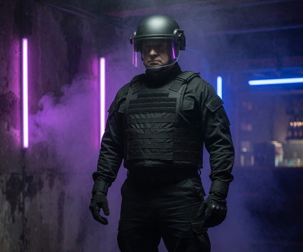Man in full black tactical uniform with helmet, visor, vest, and gloves